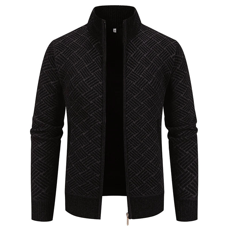 Cozy Wool Zip Up Geometric Pattern Cardigan
