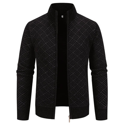 Cozy Wool Zip Up Geometric Pattern Cardigan