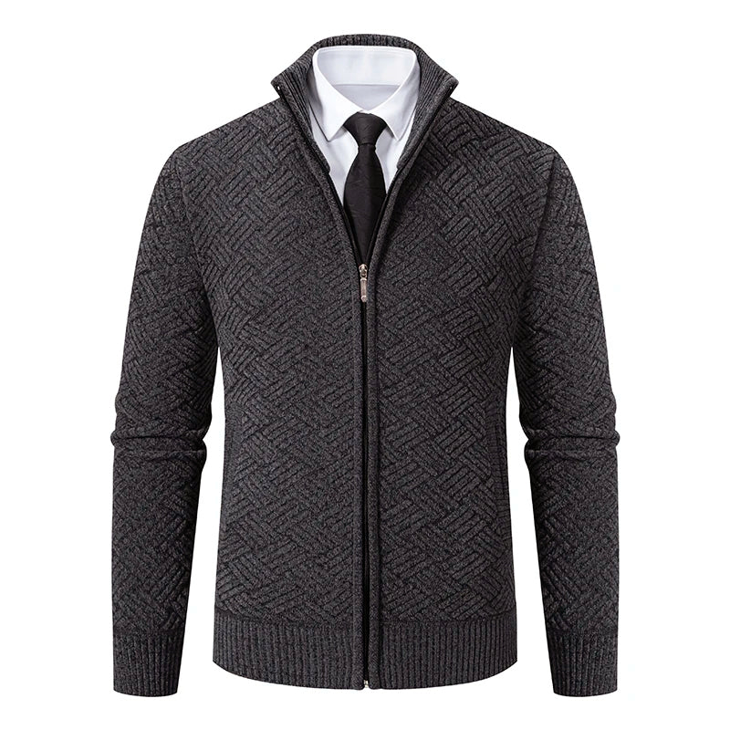 Cozy Wool Zip Up Geometric Pattern Cardigan