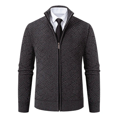 Cozy Wool Zip Up Geometric Pattern Cardigan