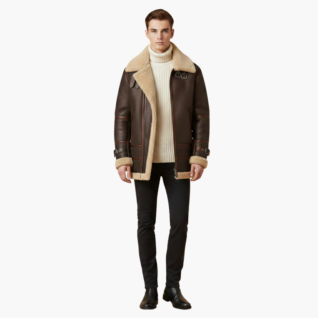 Men's Leather Bomber Jacket with Faux Fur Trim