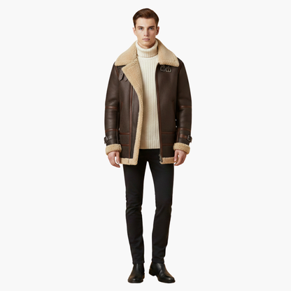 Men's Leather Bomber Jacket with Faux Fur Trim