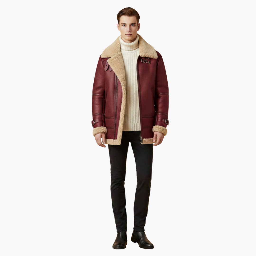Men's Leather Bomber Jacket with Faux Fur Trim