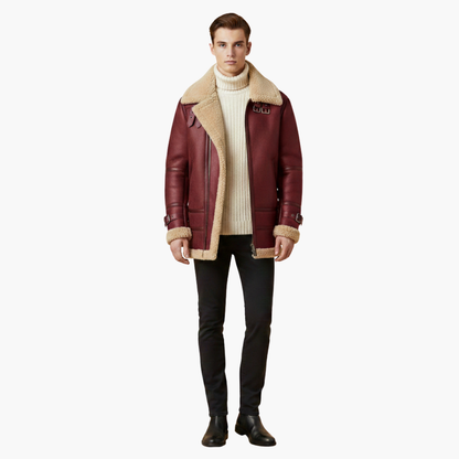 Men's Leather Bomber Jacket with Faux Fur Trim