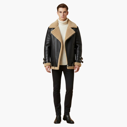 Men's Leather Bomber Jacket with Faux Fur Trim