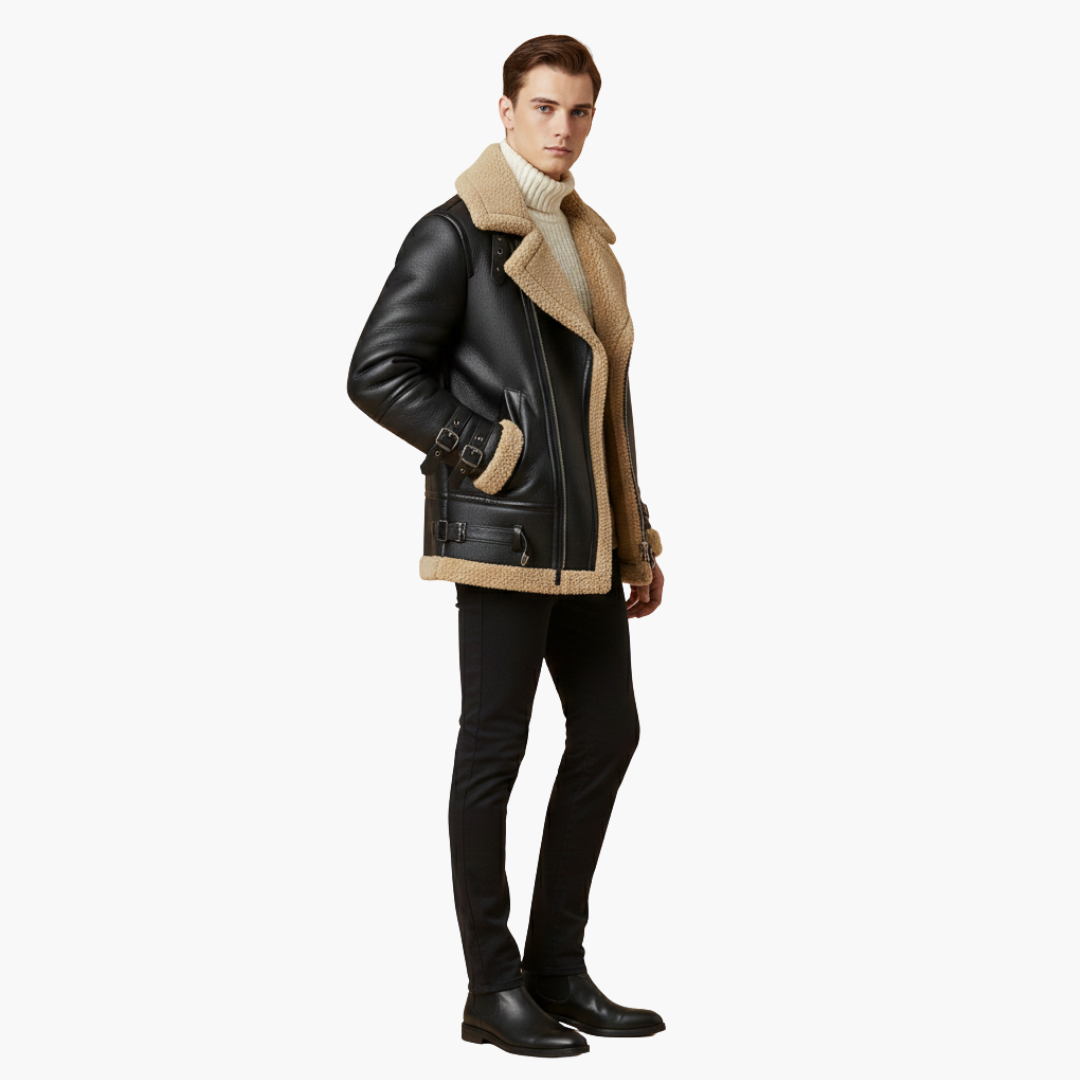 Men's Leather Bomber Jacket with Faux Fur Trim
