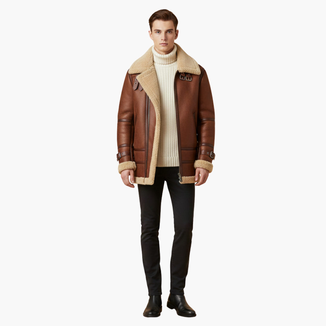 Men's Leather Bomber Jacket with Faux Fur Trim