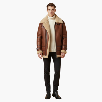 Men's Leather Bomber Jacket with Faux Fur Trim