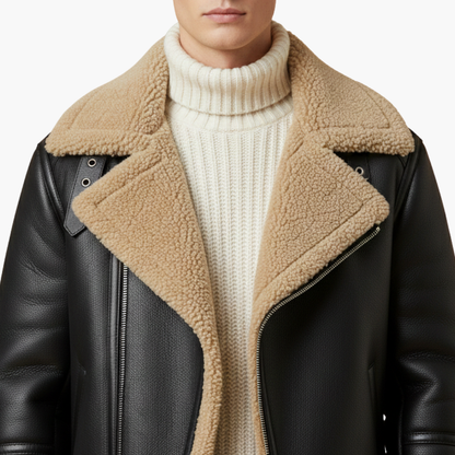 Men's Leather Bomber Jacket with Faux Fur Trim