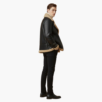 Men's Leather Bomber Jacket with Faux Fur Trim