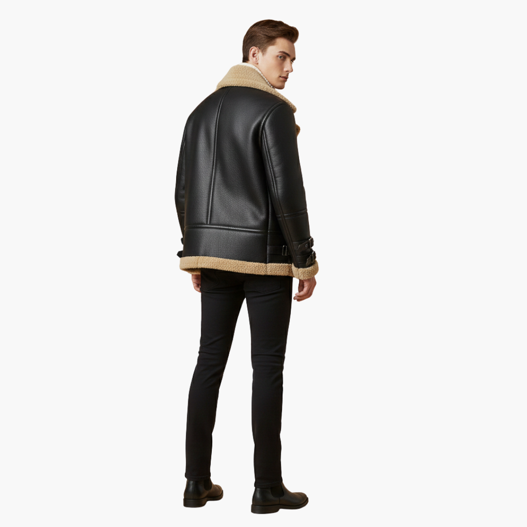 Men's Leather Bomber Jacket with Faux Fur Trim