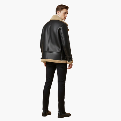 Men's Leather Bomber Jacket with Faux Fur Trim