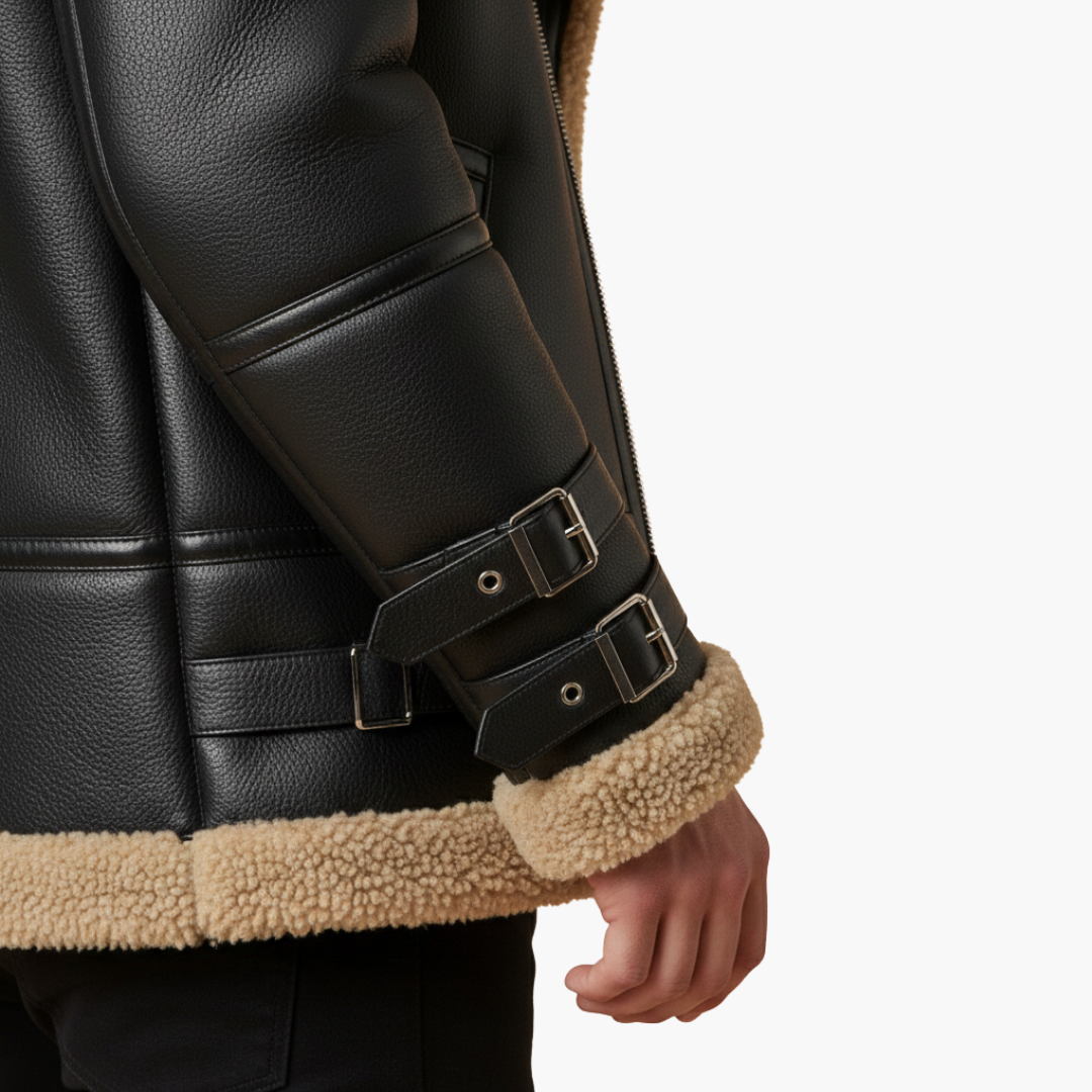 Men's Leather Bomber Jacket with Faux Fur Trim