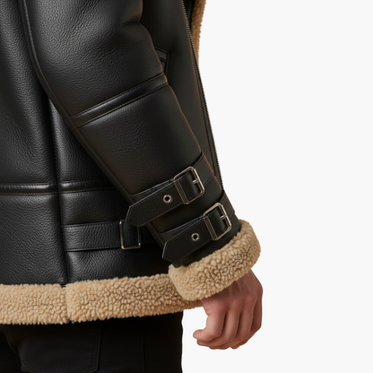 Men's Leather Bomber Jacket with Faux Fur Trim
