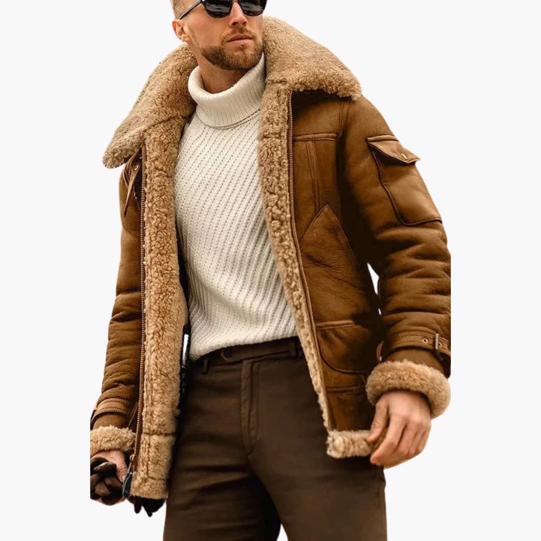 Men's Leather Bomber Jacket with Faux Fur Trim