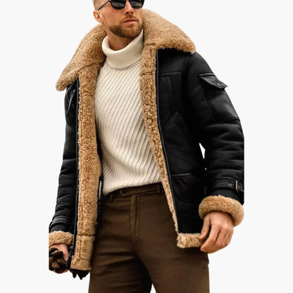 Men's Leather Bomber Jacket with Faux Fur Trim