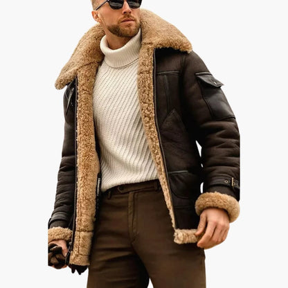 Men's Leather Bomber Jacket with Faux Fur Trim