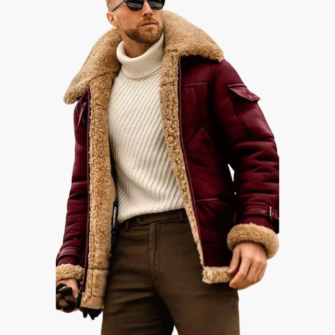 Men's Leather Bomber Jacket with Faux Fur Trim
