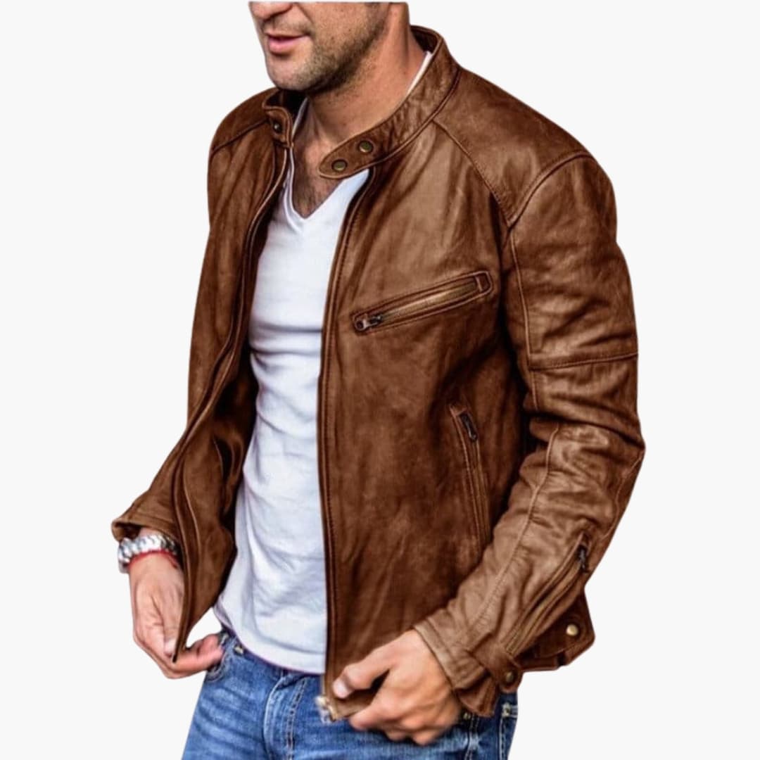 Leather Motorcycle Jacket with Classic Collar