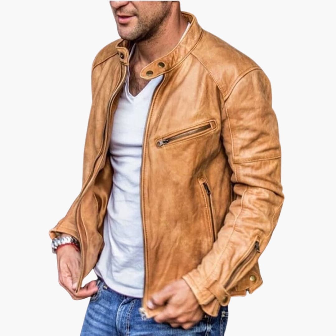 Leather Motorcycle Jacket with Classic Collar