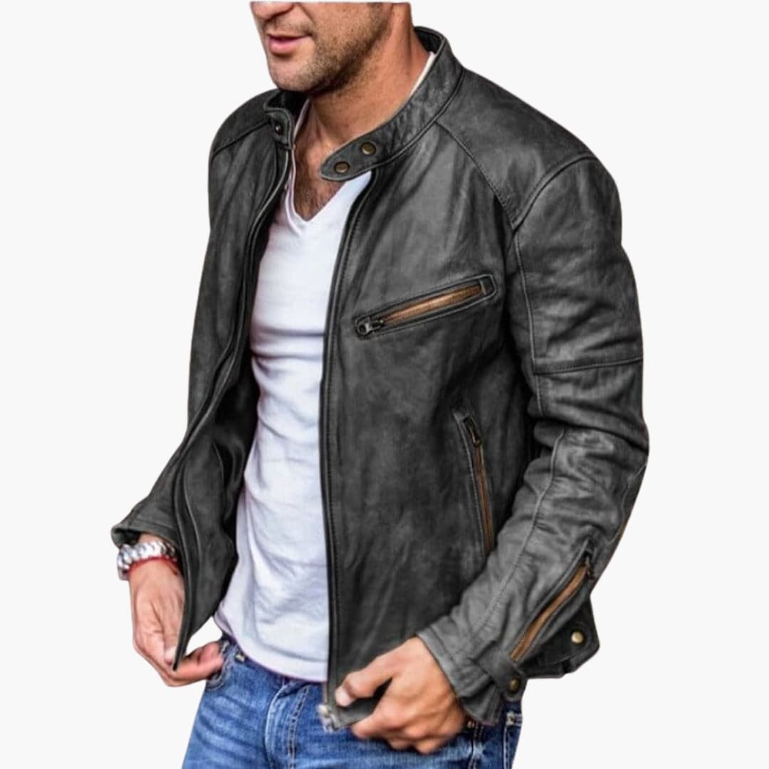 Leather Motorcycle Jacket with Classic Collar