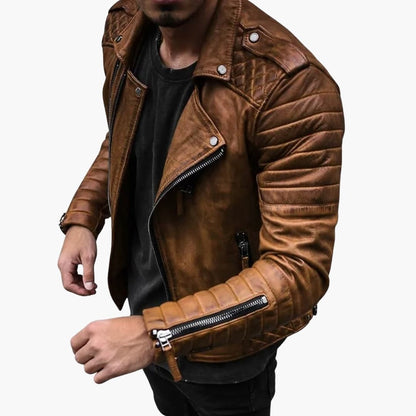 Rugged Leather Motorcycle Jacket with Padded Sleeves