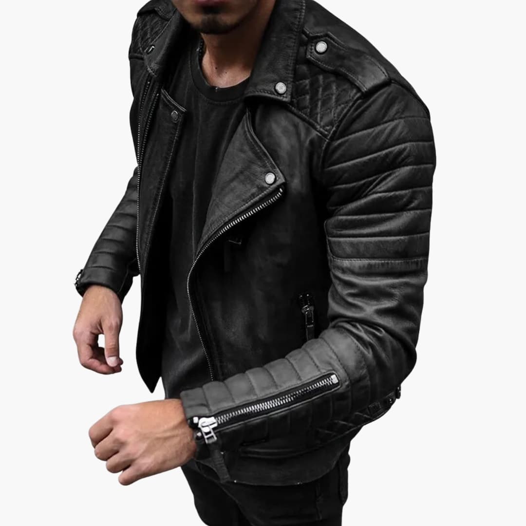 Rugged Leather Motorcycle Jacket with Padded Sleeves