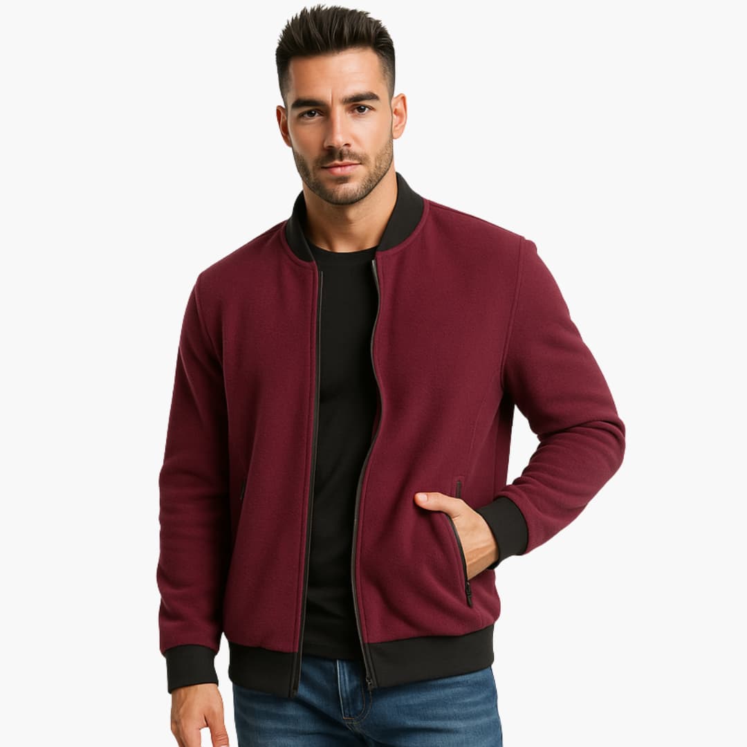 Men's Zip Up Leather Bomber Coat with Pockets