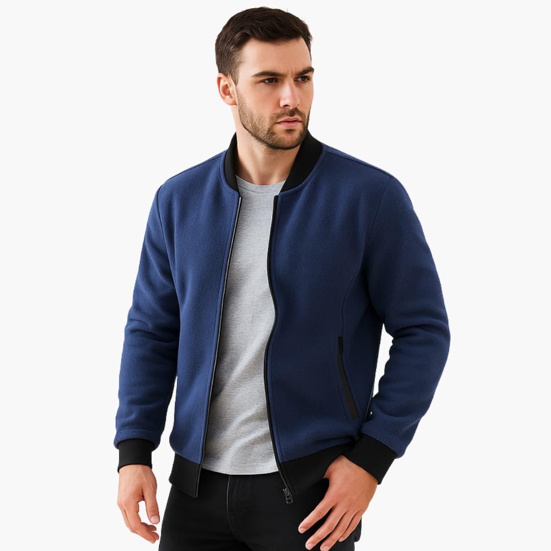 Men's Zip Up Leather Bomber Coat with Pockets - Olytrend
