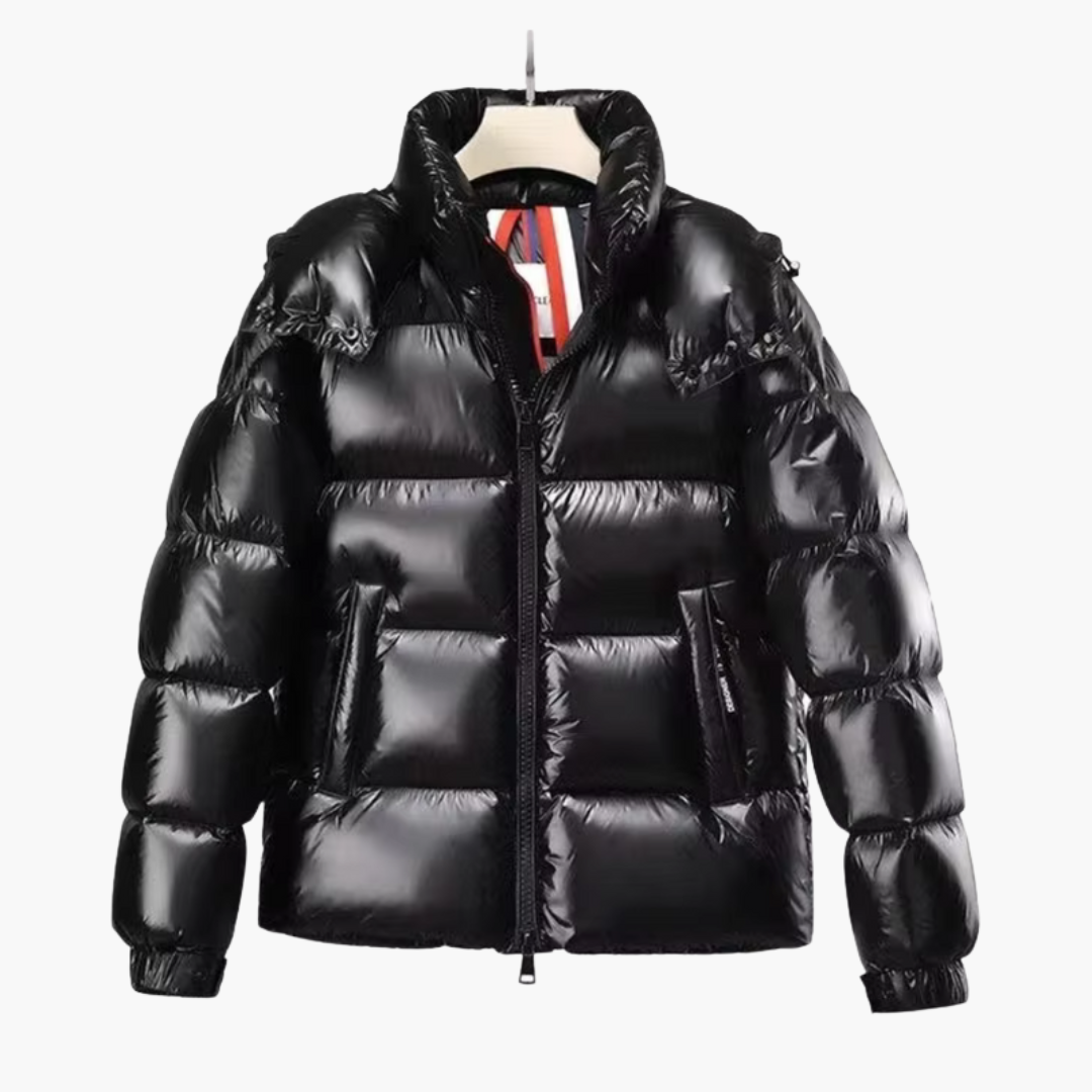 Men's Quilted Parka Jacket with Glossy Zip Up Coat