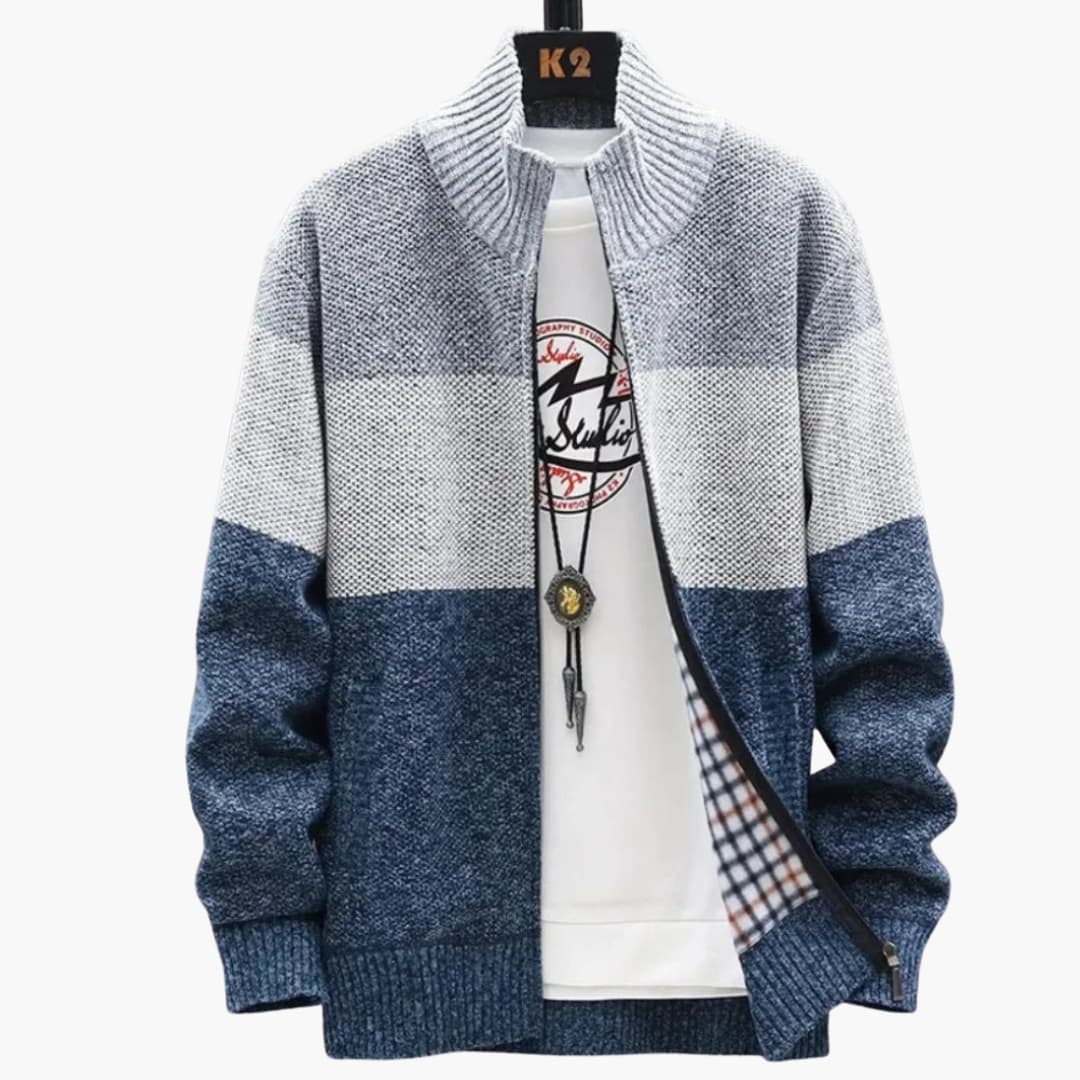 Classic Zip Up Cardigan for Men with Ribbed Trim
