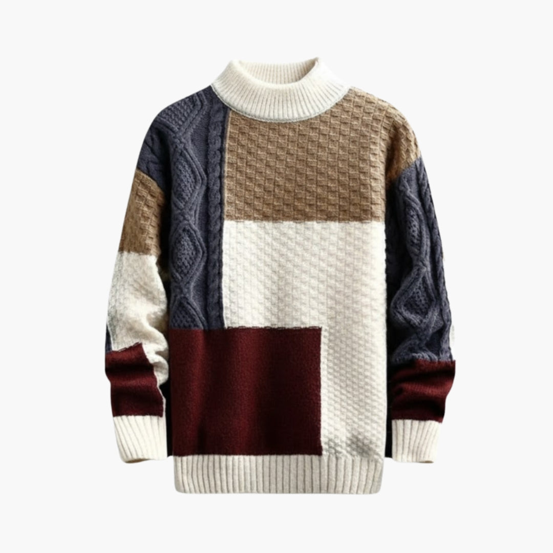 Men's Patchwork Knit Textured Crew Sweater - Olytrend