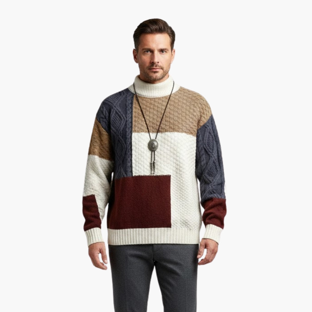 Men's Patchwork Knit Textured Crew Sweater