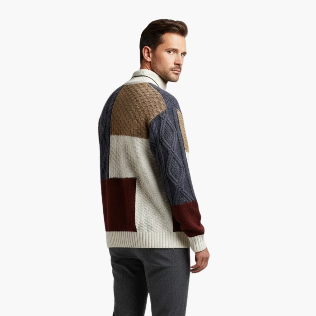 Men's Patchwork Knit Textured Crew Sweater