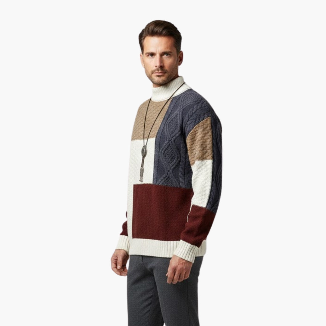 Men's Patchwork Knit Textured Crew Sweater