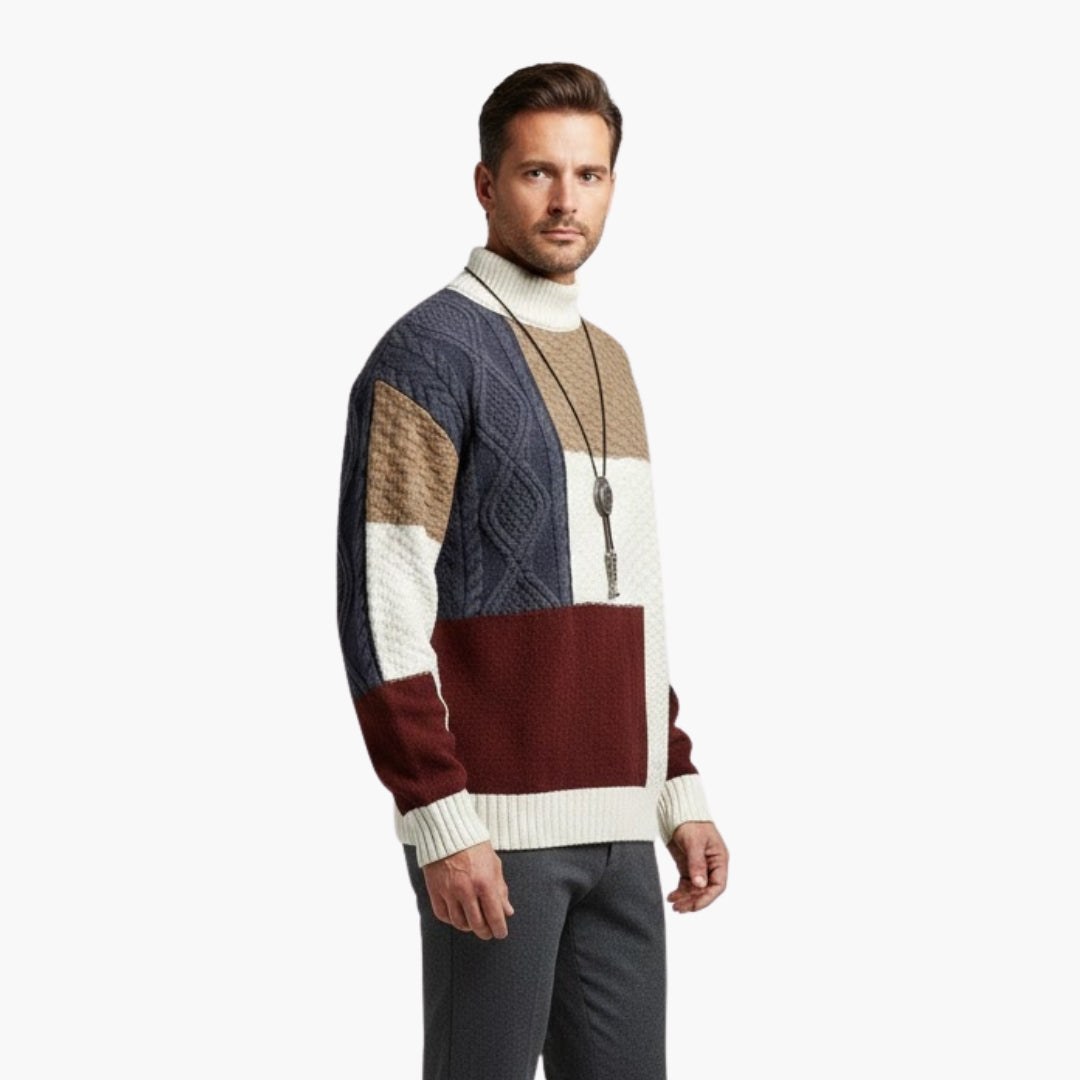 Men's Patchwork Knit Textured Crew Sweater