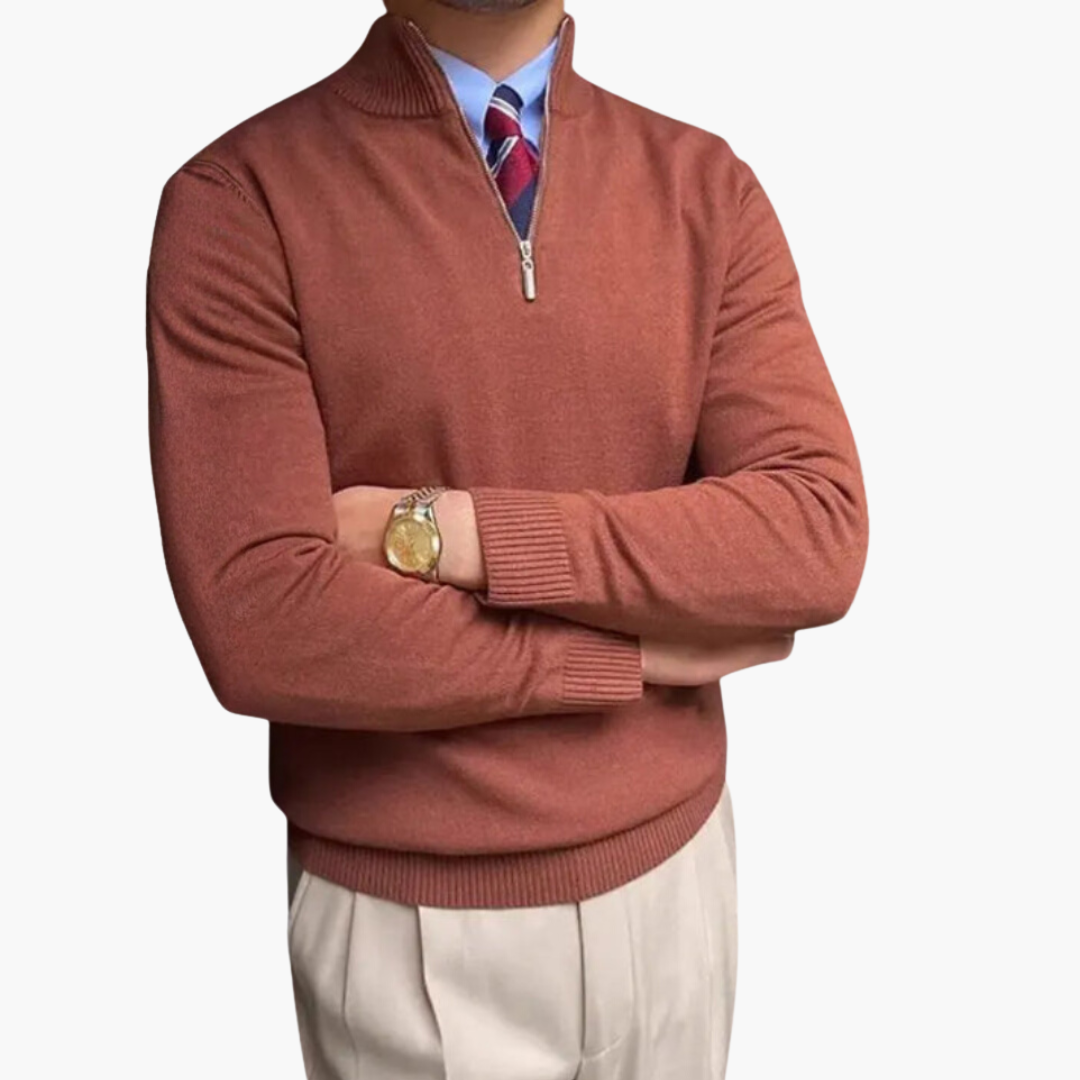 Men's Zip Up Sweater with Crew Neck and Cuffed Bottom