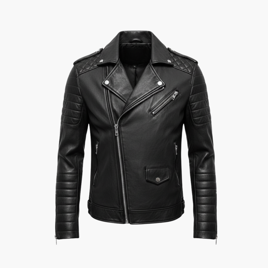Rugged Leather Motorcycle Jacket with Padded Sleeves - Olytrend