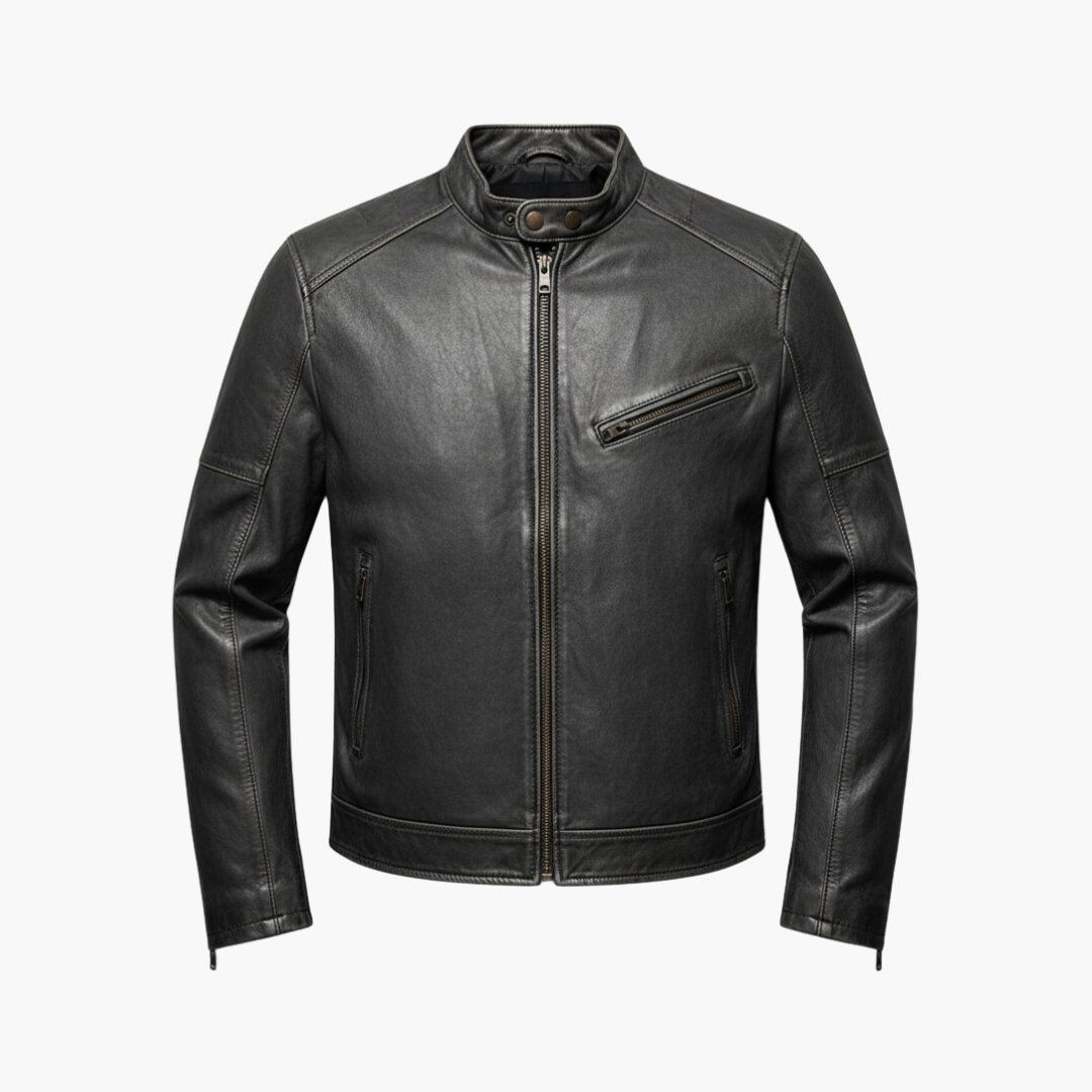 Leather Motorcycle Jacket with Classic Collar - Olytrend