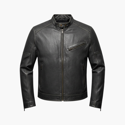 Leather Motorcycle Jacket with Classic Collar - Olytrend