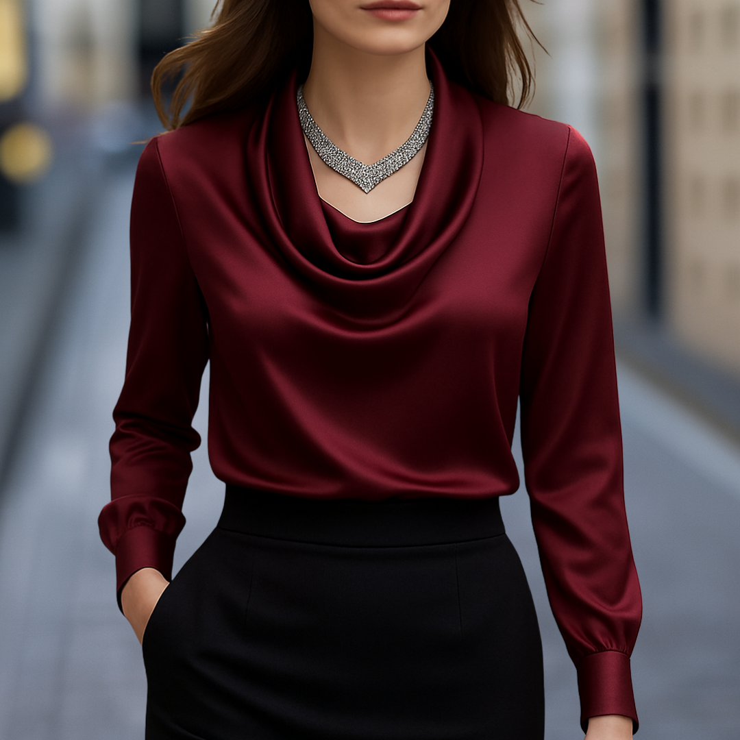 Fitted Drape Neck Women's Blouse with Button Cuffs - Nocini
