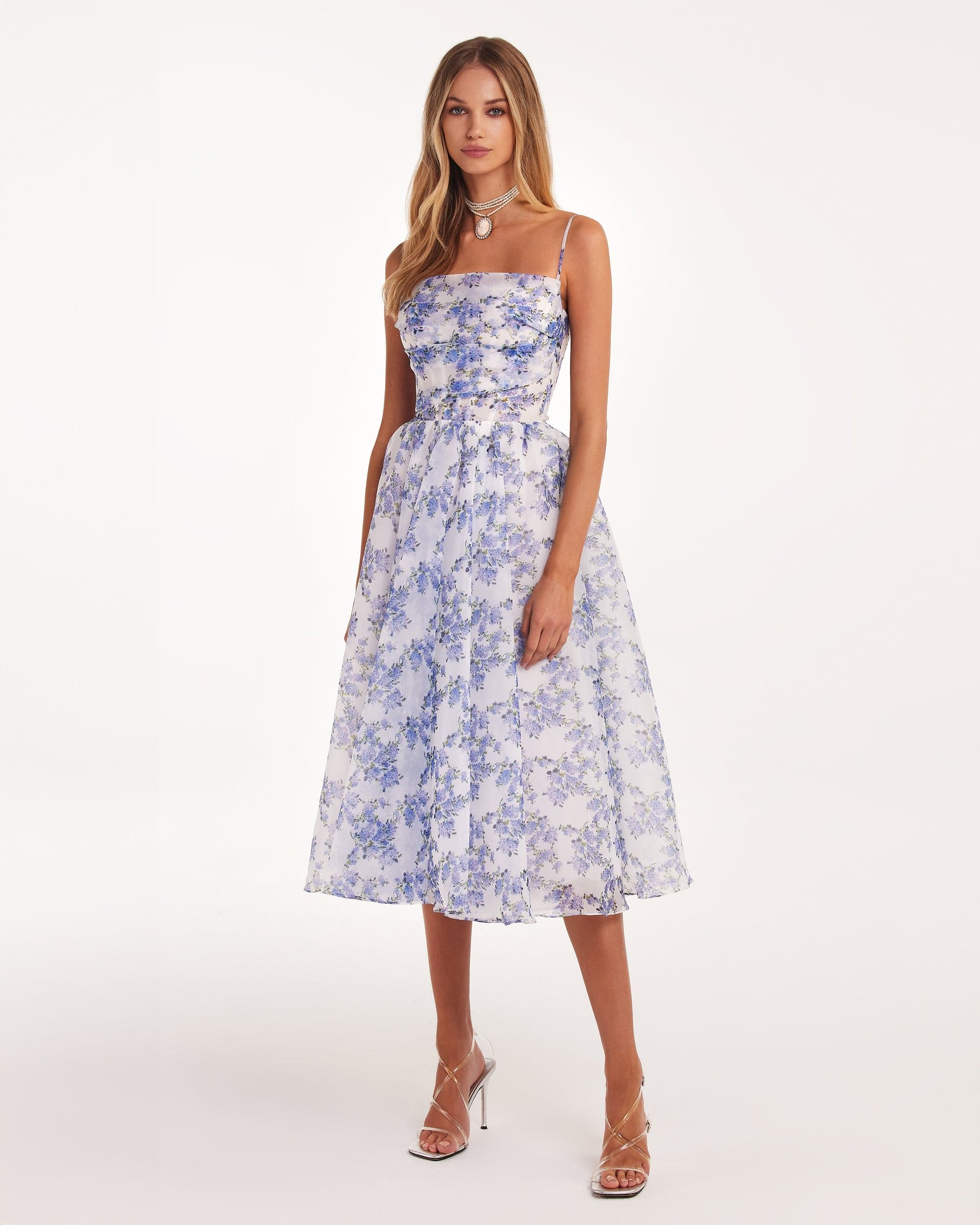 Elegant Women's Floral Midi Dress with Thin Straps - Nocini