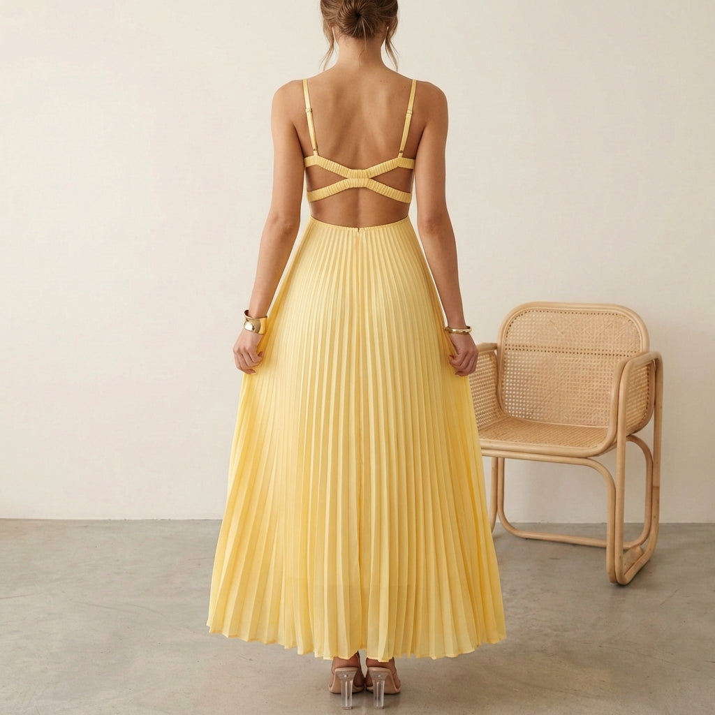 Flowy Maxi Dress with Ruffled Front and Elegant Design