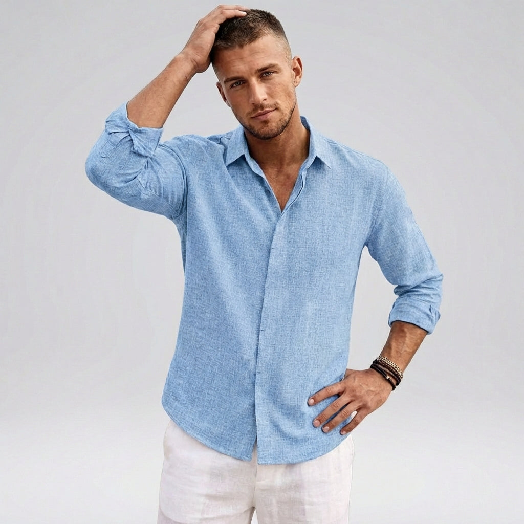 Casual Woven Shirt with Pointed Collar and Rounded Hem - Nocini