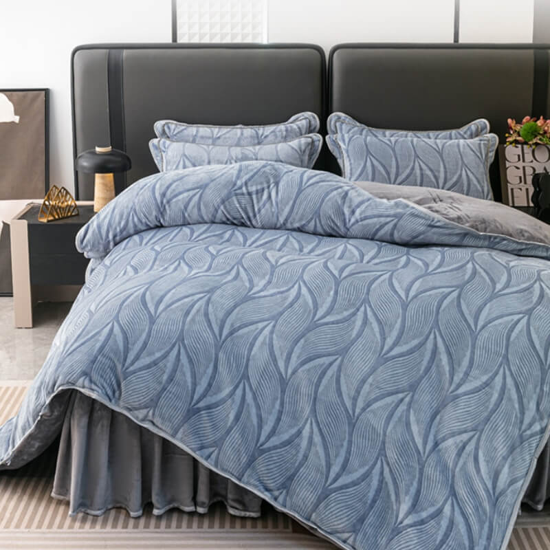 Velvet Bed Sheet Set With Leaf Pattern and Pillow Shams