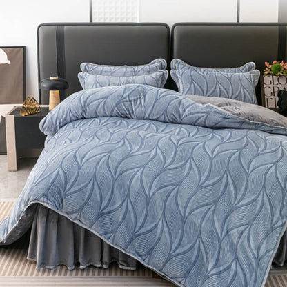 Velvet Bed Sheet Set With Leaf Pattern and Pillow Shams