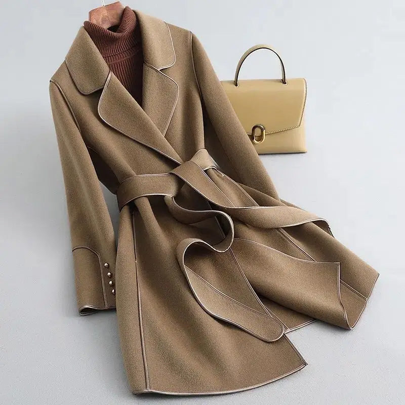 Fitted Belted Winter Coat for Women Knee Length - Nocini