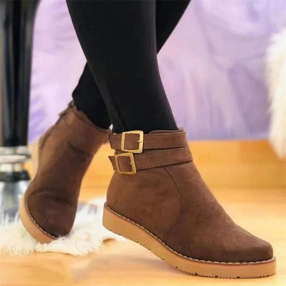Ladies Low Heel Ankle Boots with Dual Buckles