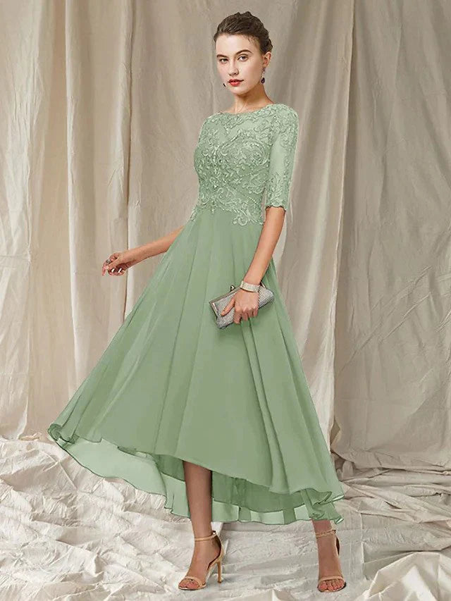 Ladies Floral A-Line Lace Dress with Elbow Sleeves - Nocini
