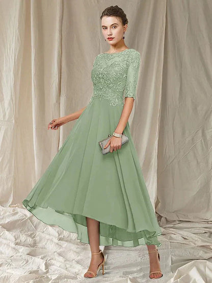Ladies Floral A-Line Lace Dress with Elbow Sleeves - Nocini